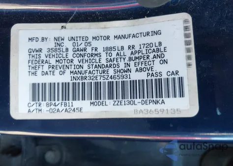 2005 Toyota Corolla Le z USA, uszkodzony, nr VIN 1NXBR32E75Z465931